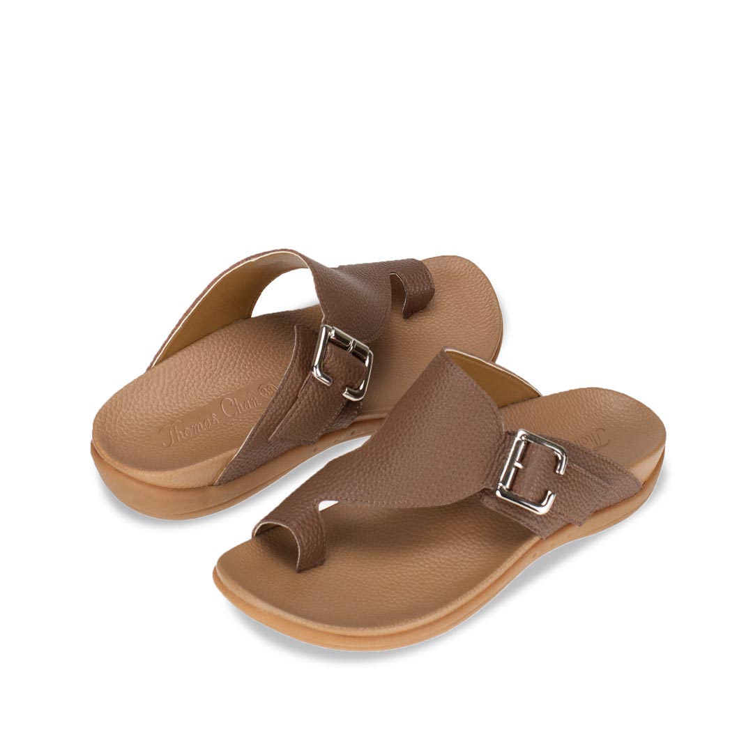 Full view of Thomas Chan Toe Loop Sandals with buckle in light brown colour, featuring a simple and easy matching style with arch support footbed.