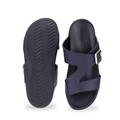 Back view of comfortable men's navy blue leather sandals with orthotic arch support footbed, featuring a special zig-zag design with buckle by Thomas Chan