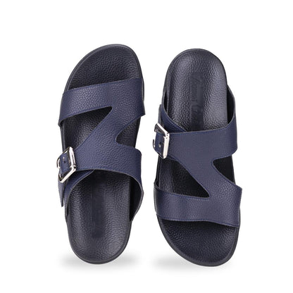 Front view of comfortable men's navy blue leather sandals with orthotic arch support footbed, featuring a special zig-zag design with buckle by Thomas Chan