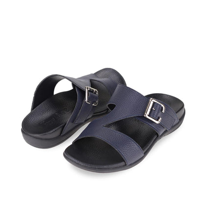 Full view of comfortable men's navy blue leather sandals with orthotic arch support footbed, featuring a special zig-zag design with buckle by Thomas Chan