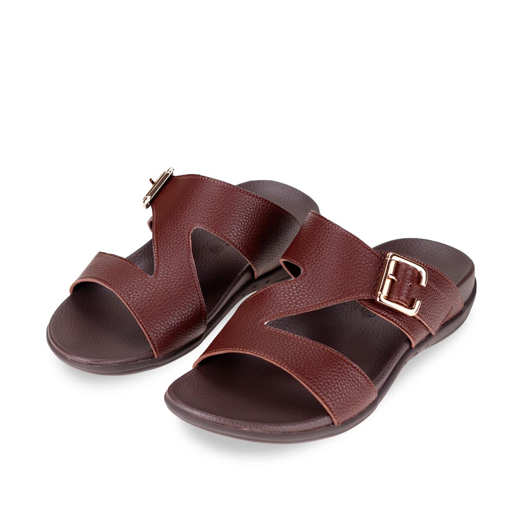 Diagonal view of comfortable men's dark brown leather sandals with orthotic arch support footbed, featuring a special zig-zag design with buckle by Thomas Chan