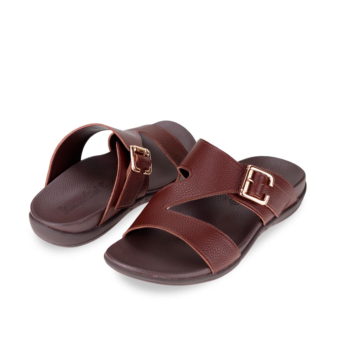 Full view of comfortable men's dark brown leather sandals with orthotic arch support footbed, featuring a special zig-zag design with buckle by Thomas Chan