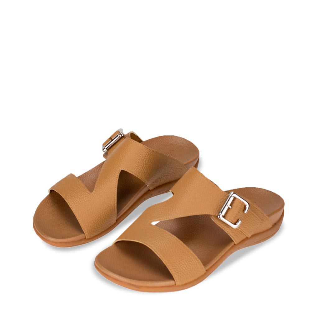  Diagonal view of comfortable men's light brown leather sandals with orthotic arch support footbed, featuring a special zig-zag design with buckle by Thomas Chan