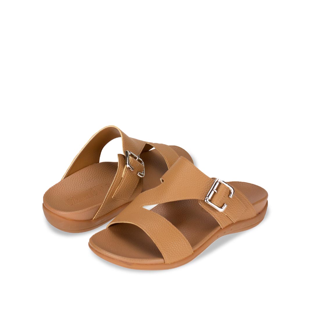  Full view of comfortable men's light brown leather sandals with orthotic arch support footbed, featuring a special zig-zag design with buckle by Thomas Chan