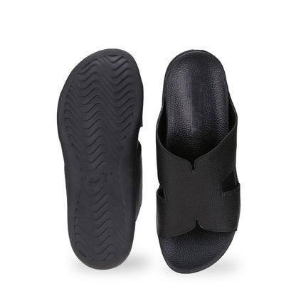 Back view of black comfortable men's leather H-strap sandals with arch-supporting insole