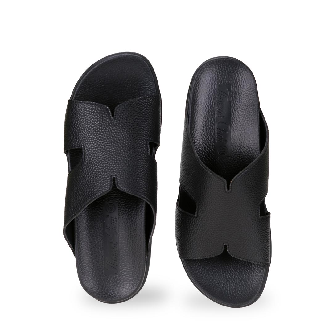 Front view of black comfortable men's leather H-strap sandals with arch-supporting footbed