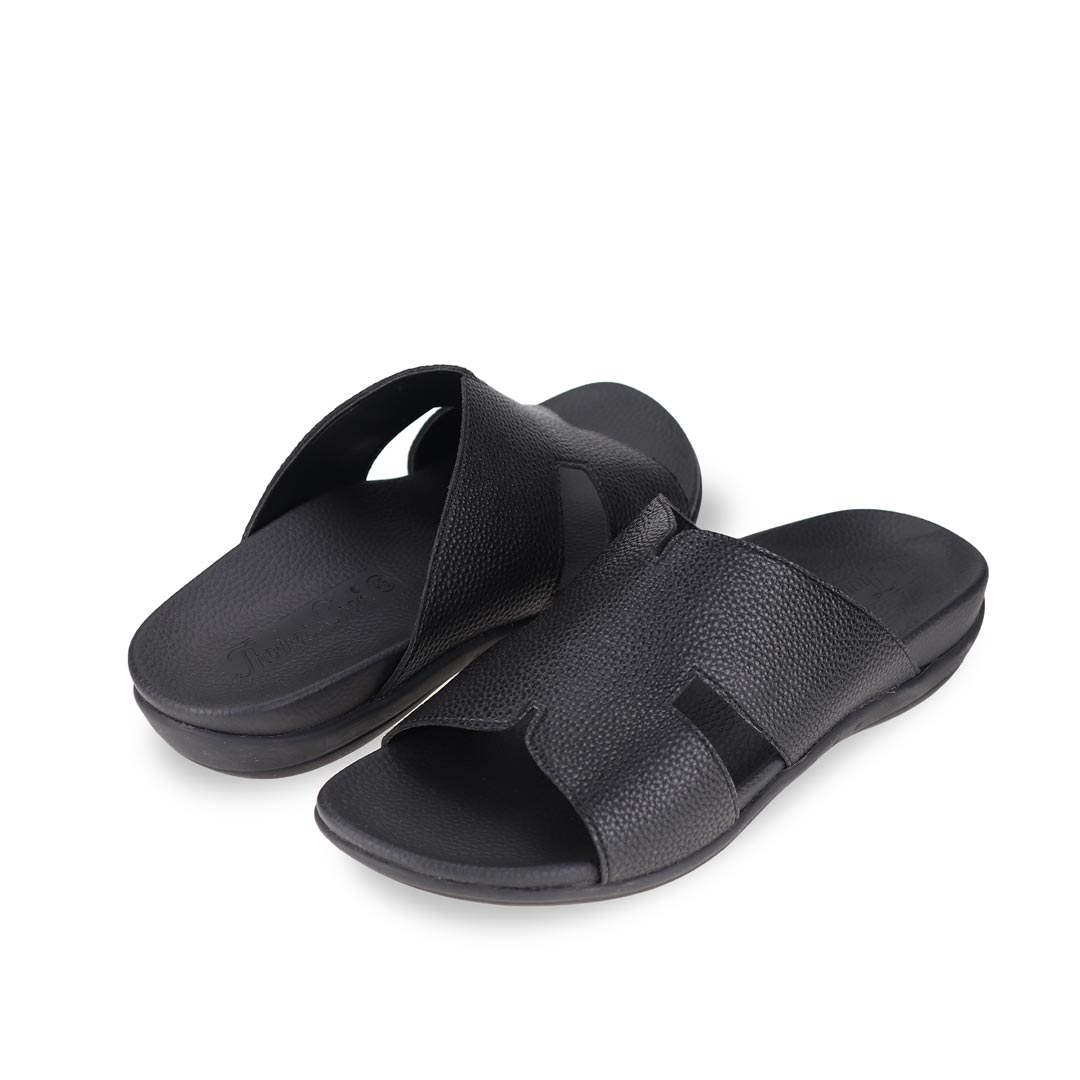 Full view of black comfortable men's leather H-strap sandals with arch-supporting footbed