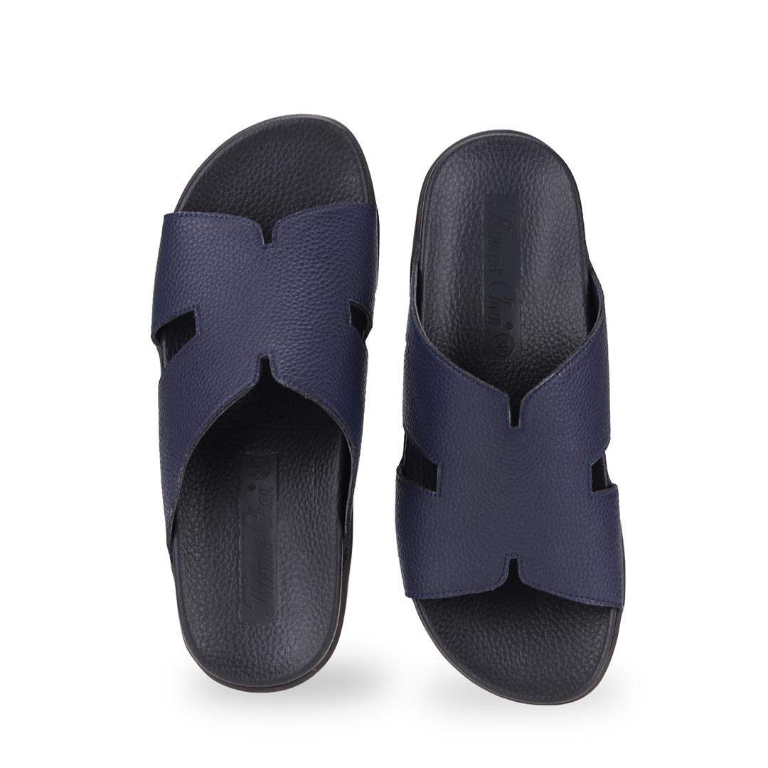 Front view of navy blue comfortable men's leather H-strap sandals with arch-supporting footbed