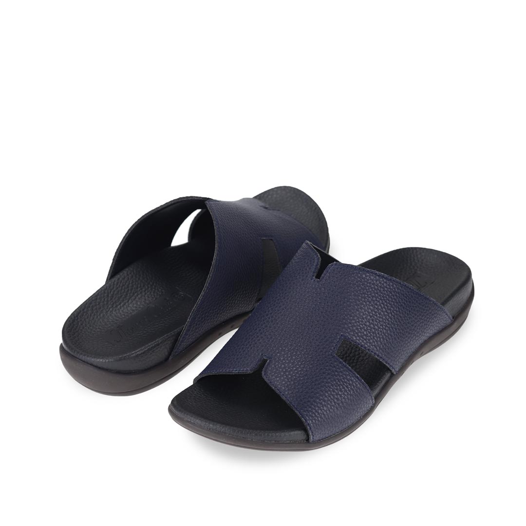 Full view of navy blue comfortable men's leather H-strap sandals with arch-supporting footbed