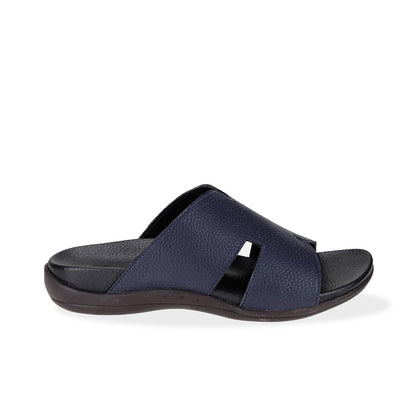 Side view of navy blue comfortable men's leather H-strap sandals with arch-supporting footbed