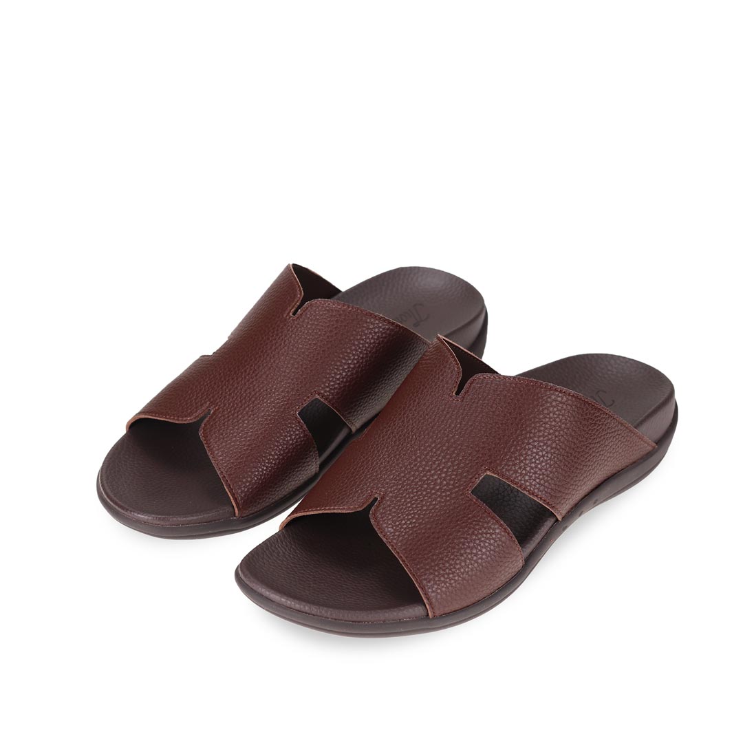 Diagonal view of dark brown comfortable men's leather H-strap sandals with arch-supporting footbed