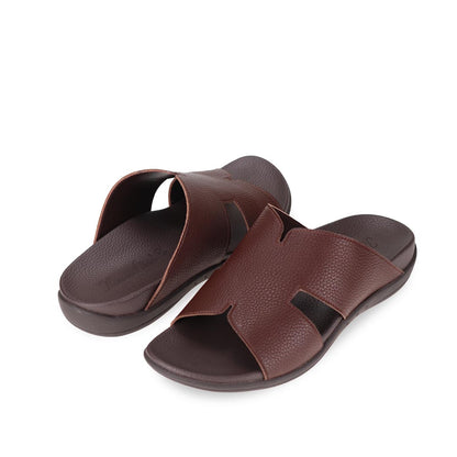 Full view of dark brown comfortable men's leather H-strap sandals with arch-supporting footbed