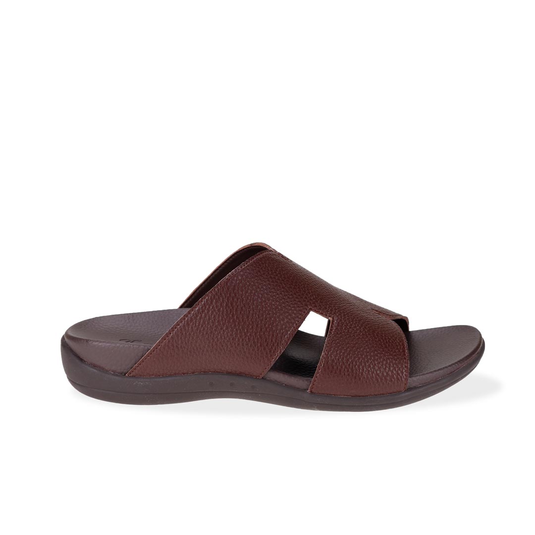 Side view of dark brown comfortable men's leather H-strap sandals with arch-supporting footbed