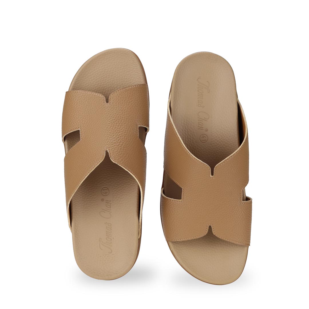 Front view of light brown comfortable men's leather H-strap sandals with arch-supporting footbed