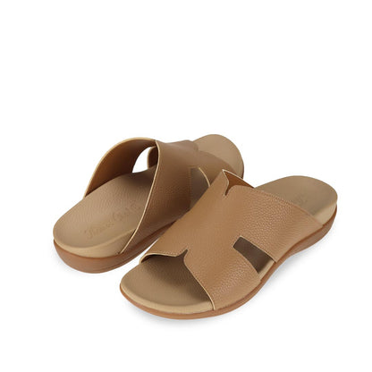 Full view of light brown comfortable men's leather H-strap sandals with arch-supporting footbed