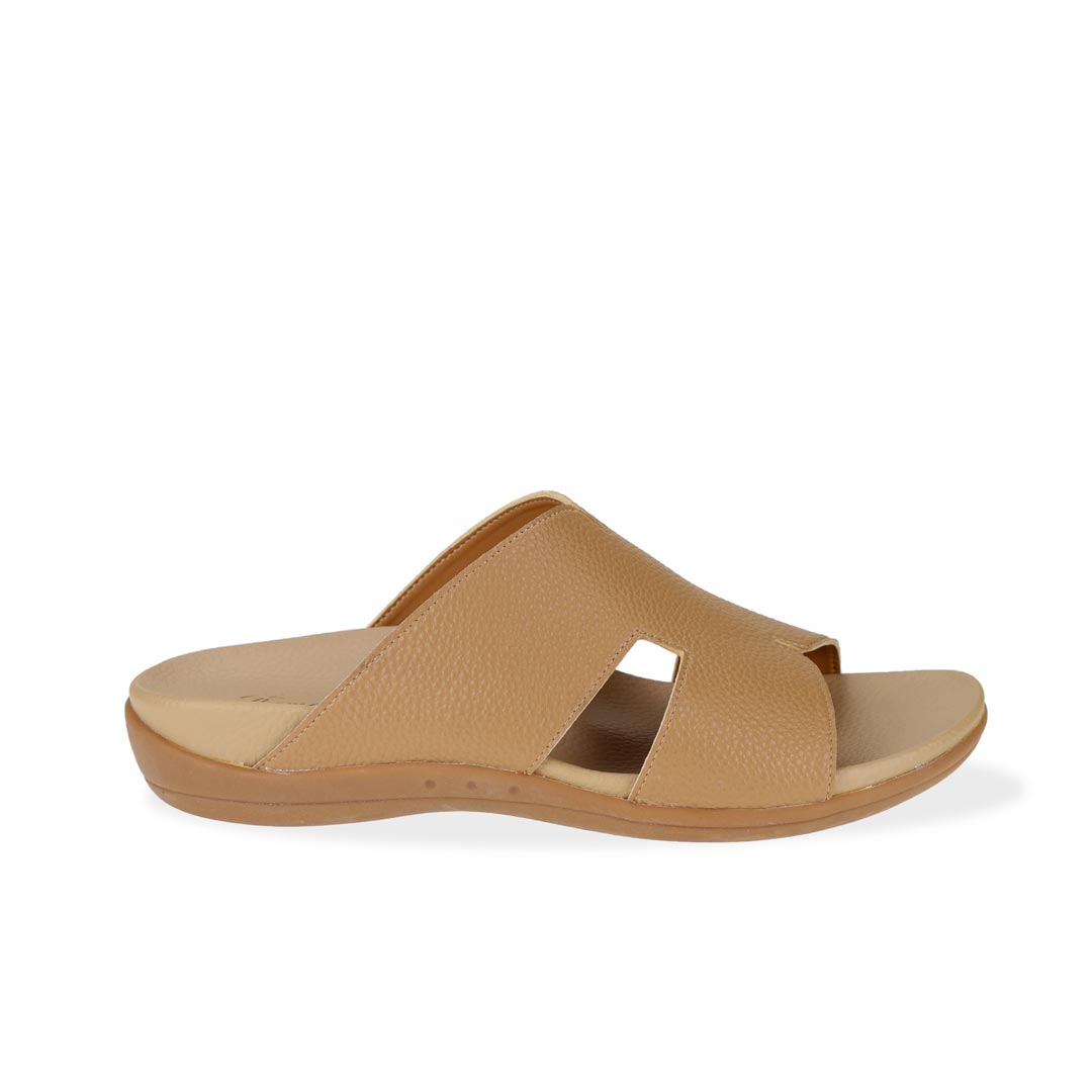 Side view of light brown comfortable men's leather H-strap sandals with arch-supporting footbed.