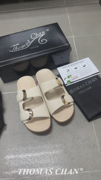 [Wide-Fit] Duo Buckle Slide-One Flat Sandals [Comfy Health Series]