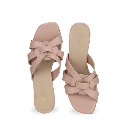 Front view of Triple Strap Cutout Sandal Low Heel Pumps in pink by Thomas Chan