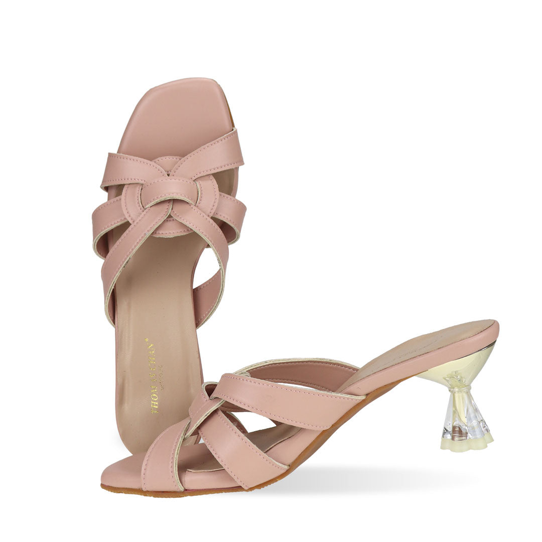 Full view of Triple Strap Cutout Sandal Low Heel Pumps in pink by Thomas Chan