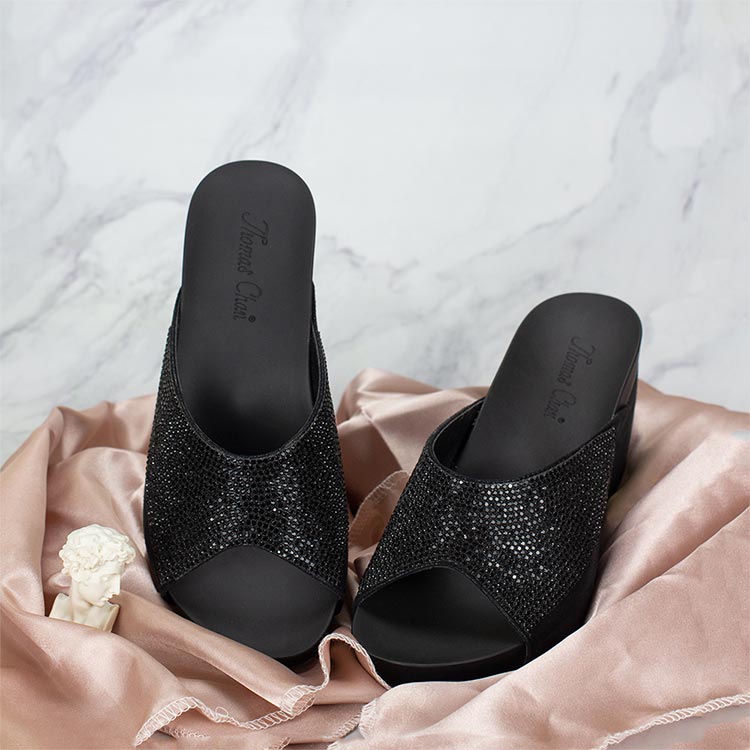 comfortable glitter black Thomas Chan shimmering diamond wedge sandals with handmade crystal suitable for elegant classic dinner wear