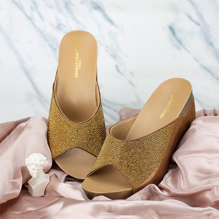 comfortable glitter bronze Thomas Chan shimmering diamond wedge sandals with handmade crystal suitable for elegant classic dinner wear