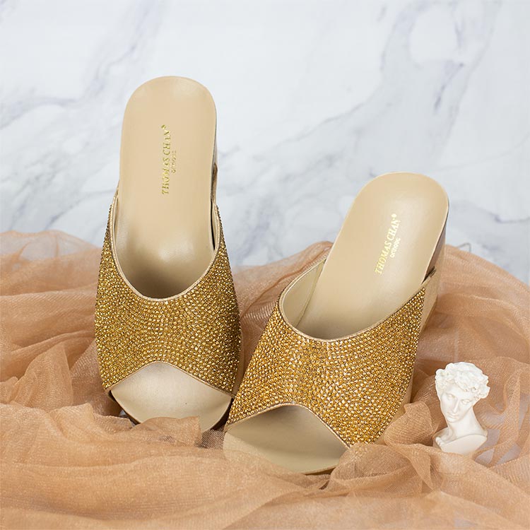 comfortable glitter gold Thomas Chan shimmering diamond wedge sandals with handmade crystal suitable for elegant classic dinner wear