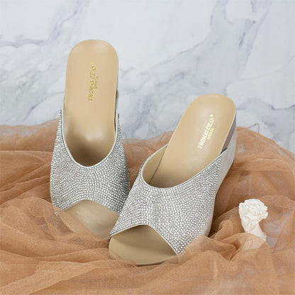 comfortable glitter silver Thomas Chan shimmering diamond wedge sandals with handmade crystal suitable for elegant classic dinner wear