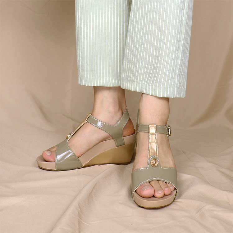 colour matching casual comfortable outfit idea ivory green pastel Thomas Chan T strappy design wedge sandal shoes for wide feet