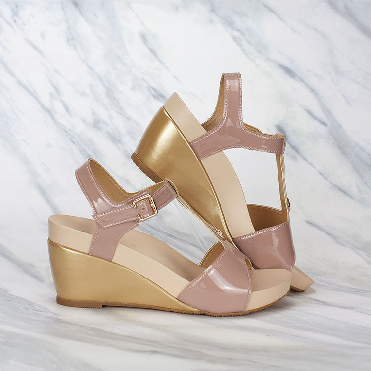 colour matching pastel pink light gold colour Thomas Chan T strappy design wedge sandal shoes for casual