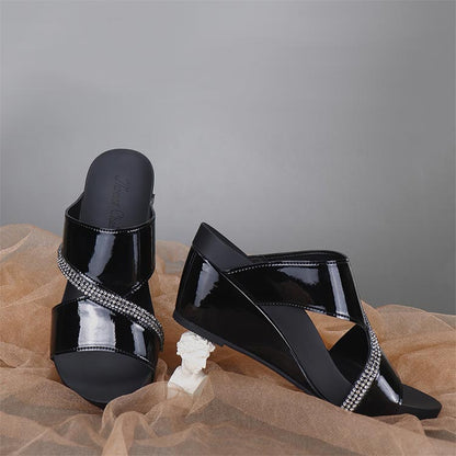 simple classic Thomas Chan black diamond rhinestone strap dinner wedge heels for standing walking all day