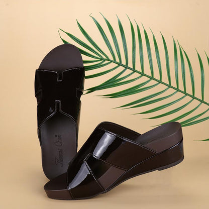 Thomas Chan dark brown colour h design cutout comfortable glossy wedge sandals for casual and daily wear