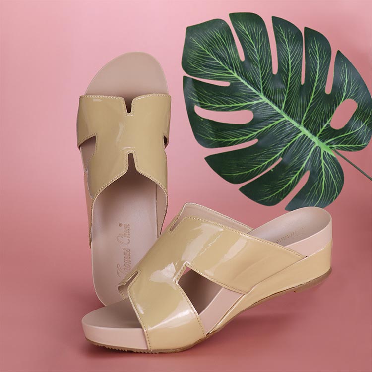 Thomas Chan light pale pastel yellow h design cutout comfortable glossy wedge sandals for casual and daily wear