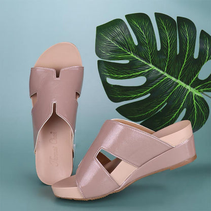 Thomas Chan light cream taupe nude color h design cutout comfortable glossy wedge sandals for casual and daily wear