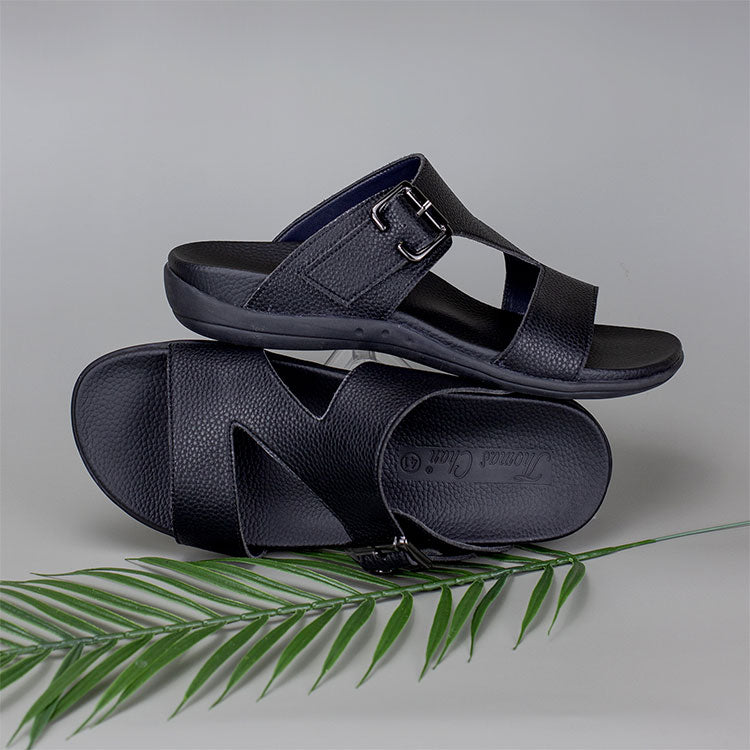 comfortable men leather flip flop orthotic shoes with special black colour buckle design by Thomas Chan