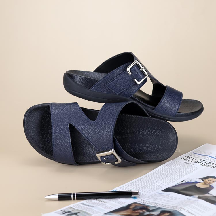 comfortable men leather flip flop orthotic orthopaedic shoes with navy blue colour buckle design by Thomas Chan