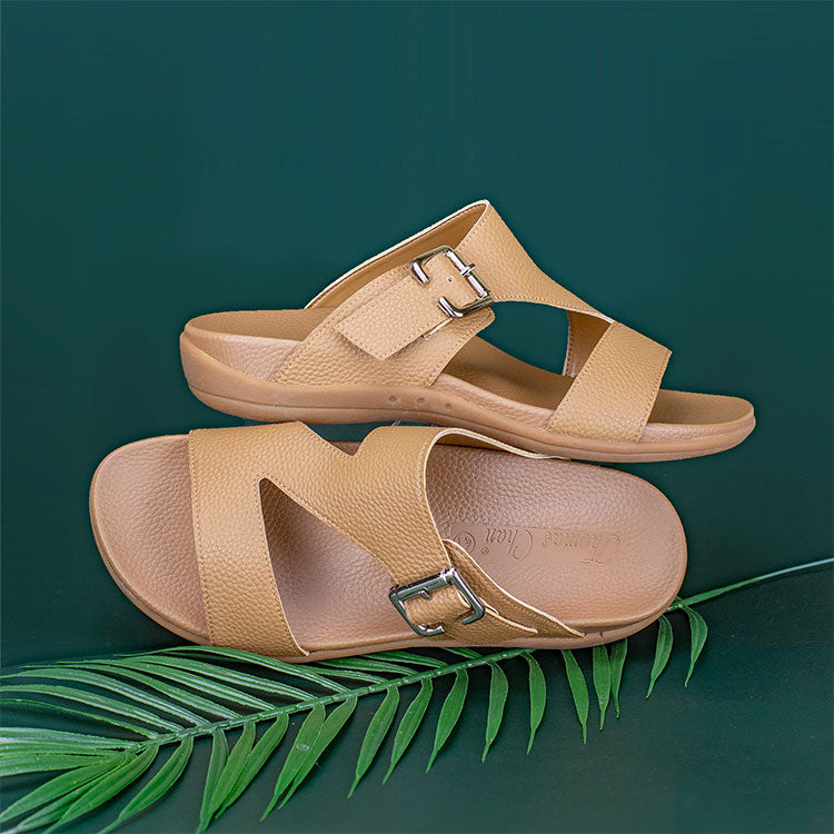 comfortable men leather flip flop orthotic orthopaedic shoes with special camel colour buckle design by Thomas Chan