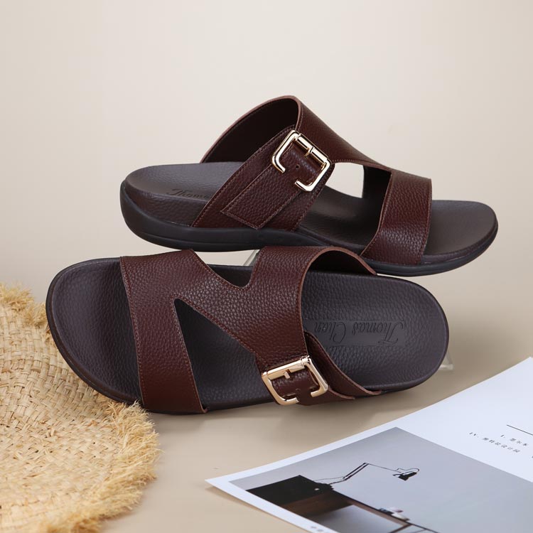 comfortable men leather flip flop orthotic orthopaedic shoes with special dark brown colour gold buckle design by Thomas Chan