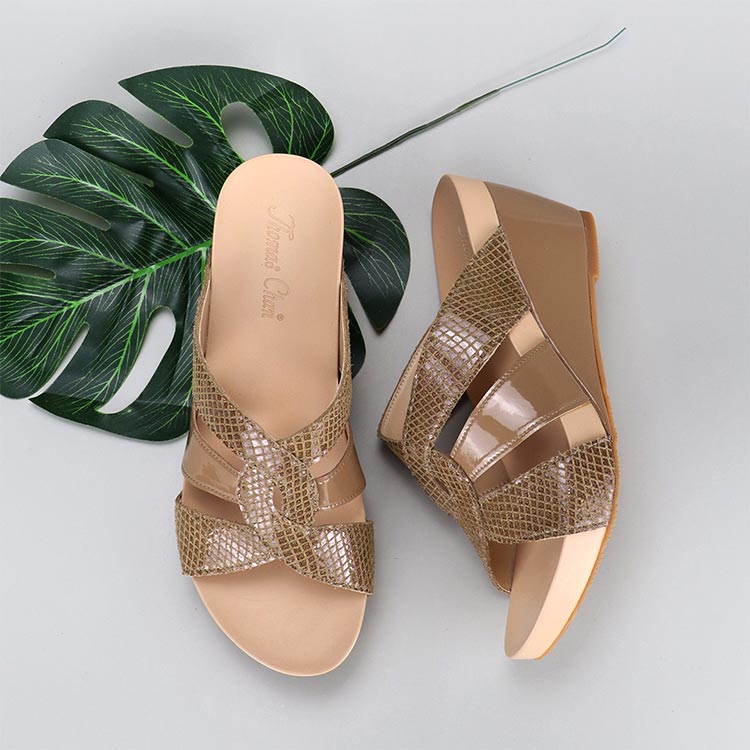 sand beige colour wedge sandals for middle aged women with classic snake print design and comfortable Thomas Chan orthotic insoles