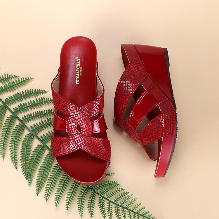 bright red colour wedge sandals for middle aged women with classic snake print design and comfortable Thomas Chan orthotic insoles