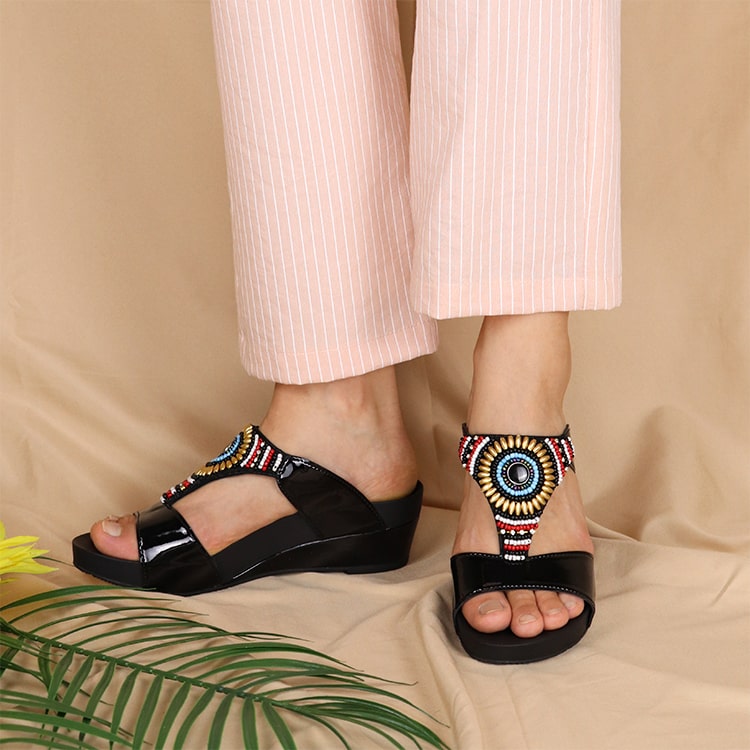 Bohemian style inspired Thomas Chan black handmade beaded sandals in comfort wear suitable for wide feet